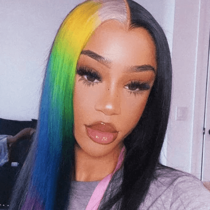 SZC Half Black Half Ombre Blonde Yellow Green Blue Red Remy Human Hair Wig
