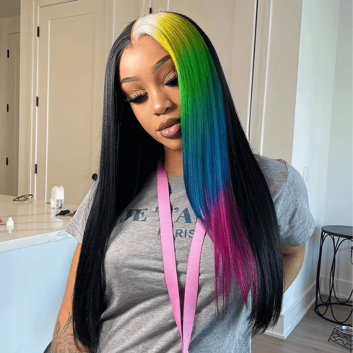 SZC Half Black Half Ombre Blonde Yellow Green Blue Red Remy Human Hair Wig