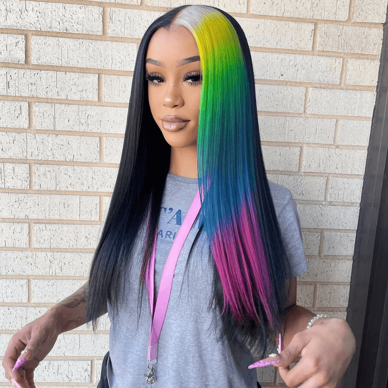 SZC Half Black Half Ombre Blonde Yellow Green Blue Red Remy Human Hair Wig