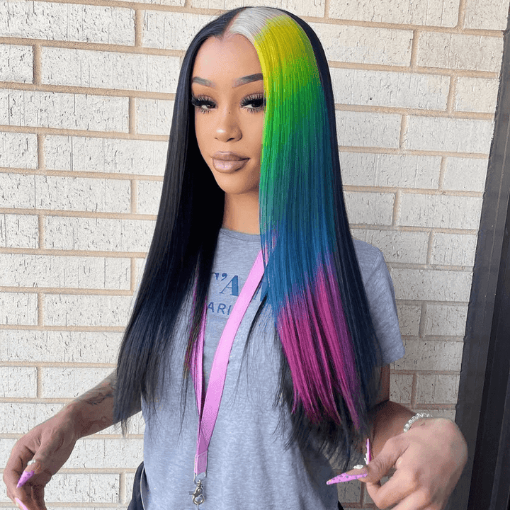 SZC Half Black Half Ombre Blonde Yellow Green Blue Red Remy Human Hair Wig