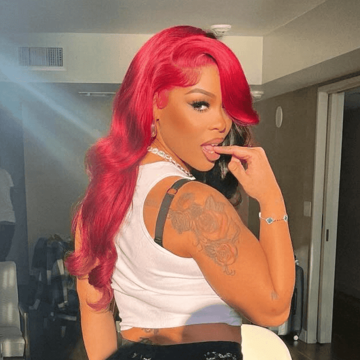 SZC Half Red Half Black Body Wave 200 Density Lace Front Human Hair Wigs