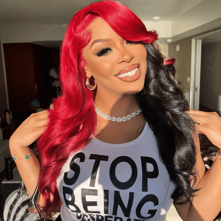 SZC Half Red Half Black Body Wave 200 Density Lace Front Human Hair Wigs