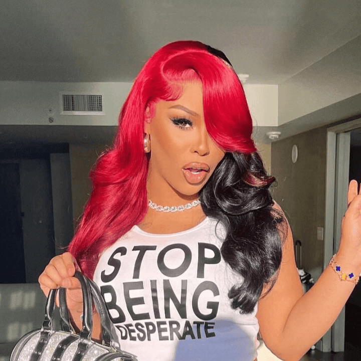 SZC Half Red Half Black Body Wave 200 Density Lace Front Human Hair Wigs