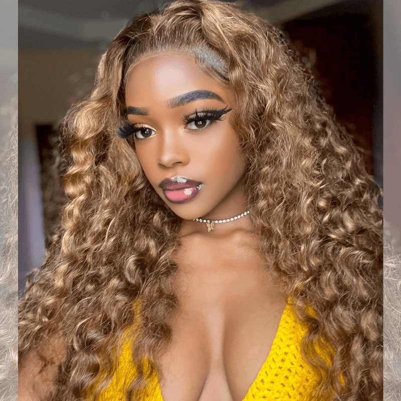 SZC Honey Blonde Brown Highlight Deep Wave Curly Lace Front Human Hair Wig