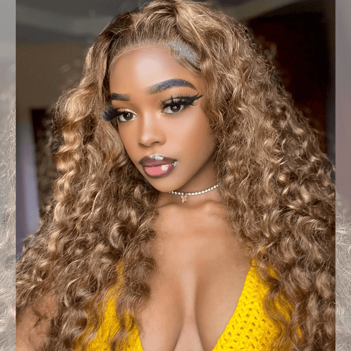 SZC Honey Blonde Brown Highlight Deep Wave Curly Lace Front Human Hair Wig