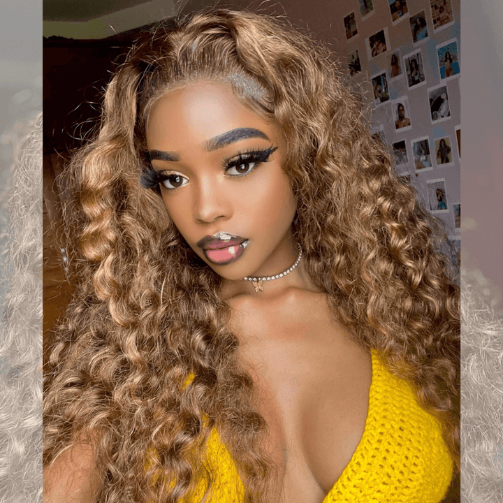 SZC Honey Blonde Brown Highlight Deep Wave Curly Lace Front Human Hair Wig
