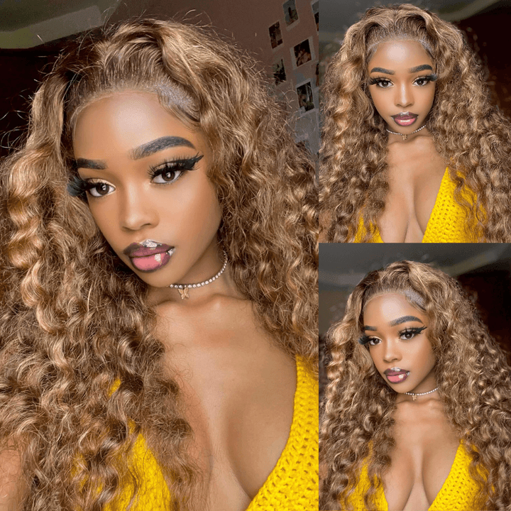 SZC Honey Blonde Brown Highlight Deep Wave Curly Lace Front Human Hair Wig