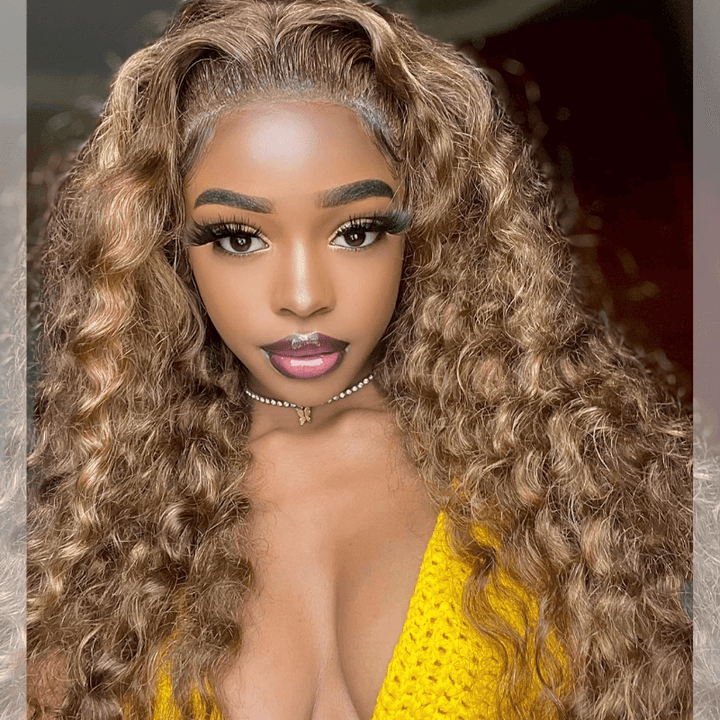 SZC Honey Blonde Brown Highlight Deep Wave Curly Lace Front Human Hair Wig