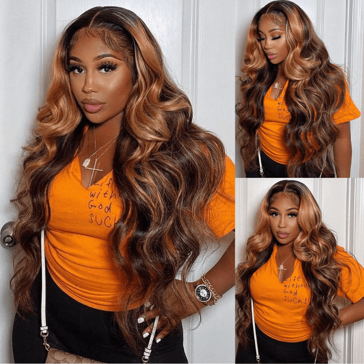 SZC Honey Blonde Brown Highlight Ear to Ear Lace Front Human Hair Wigs