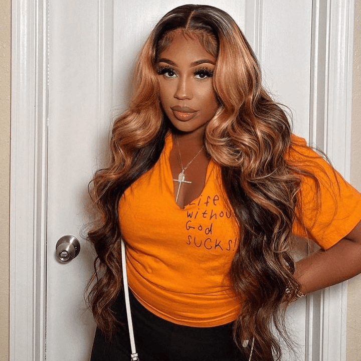 SZC Honey Blonde Brown Highlight Ear to Ear Lace Front Human Hair Wigs
