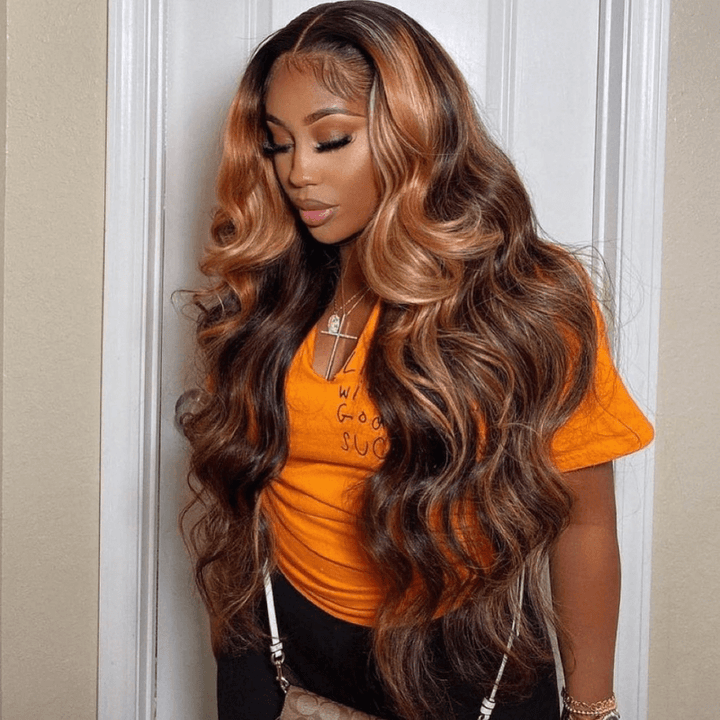 SZC Honey Blonde Brown Highlight Ear to Ear Lace Front Human Hair Wigs