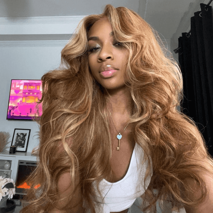 SZC Honey Blonde Brown Highlights Body Wave HD Lace Front Virgin Hair wigs