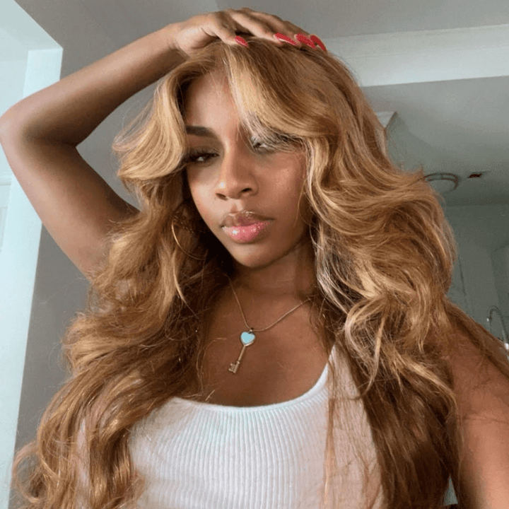 SZC Honey Blonde Brown Highlights Body Wave HD Lace Front Virgin Hair wigs