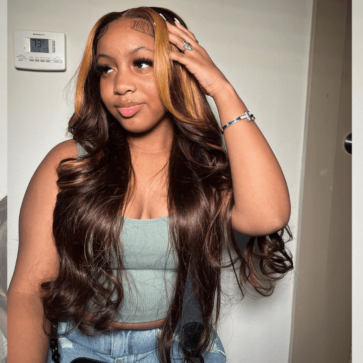 SZC Honey Blonde Brown Skunk Stripe Dark Brown Lace Front Human Hair Wigs