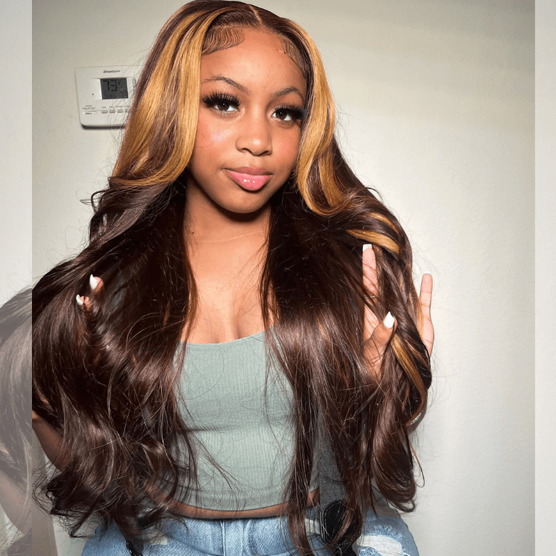 SZC Honey Blonde Brown Skunk Stripe Dark Brown Lace Front Human Hair Wigs