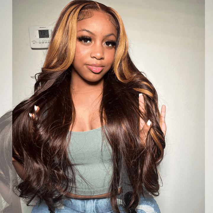 SZC Honey Blonde Brown Skunk Stripe Dark Brown Lace Front Human Hair Wigs