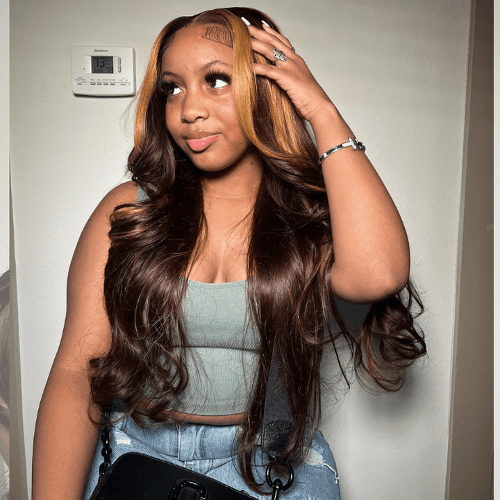 SZC Honey Blonde Brown Skunk Stripe Dark Brown Lace Front Human Hair Wigs