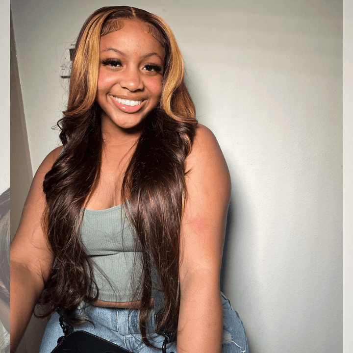 SZC Honey Blonde Brown Skunk Stripe Dark Brown Lace Front Human Hair Wigs