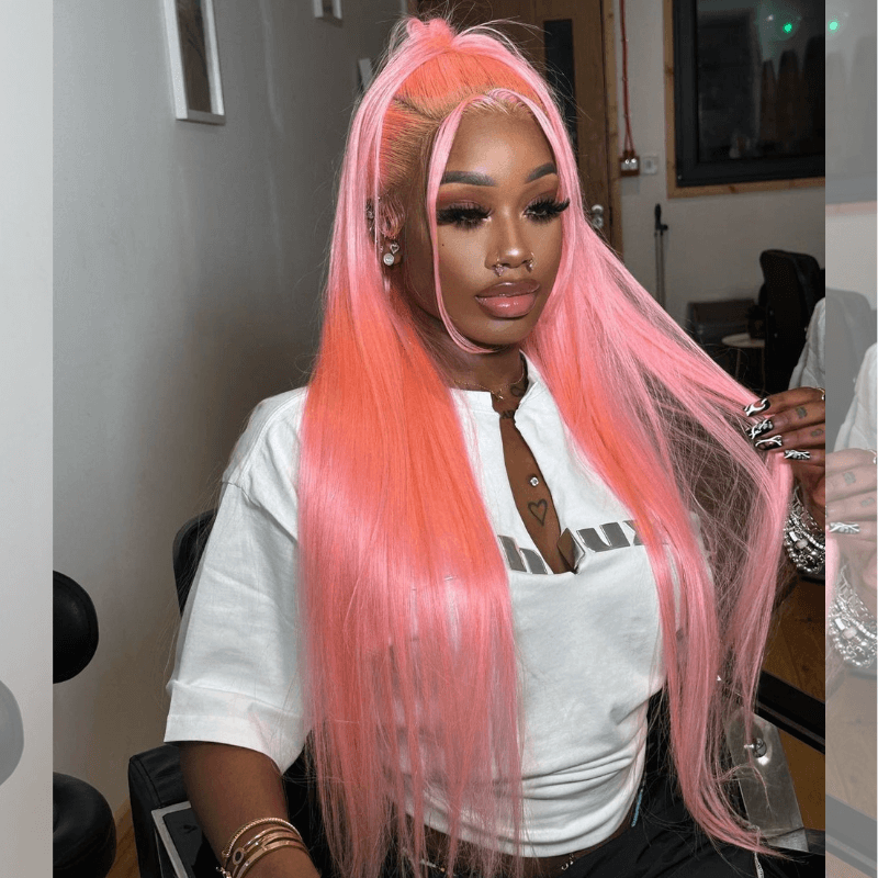 SZC Neon Pink 200 Density 13x4 Lace Front Straight Weave Hair Wigs