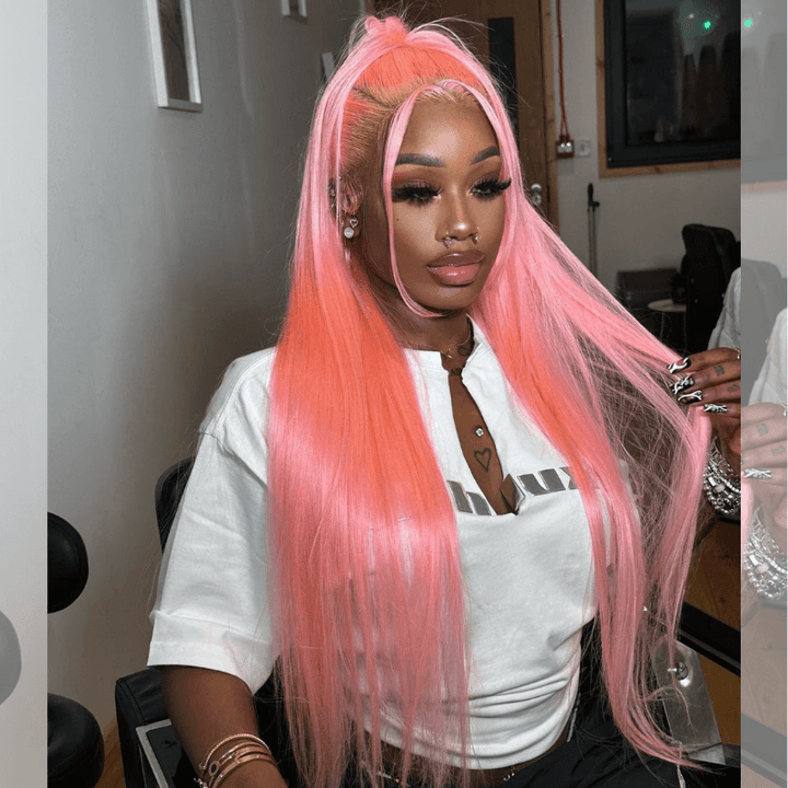SZC Neon Pink 200 Density 13x4 Lace Front Straight Weave Hair Wigs