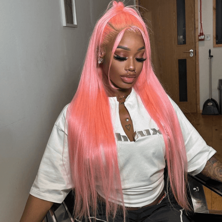 SZC Neon Pink 200 Density 13x4 Lace Front Straight Weave Hair Wigs
