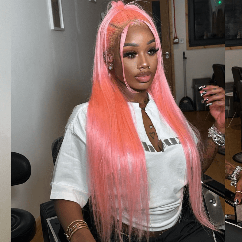 SZC Neon Pink 200 Density 13x4 Lace Front Straight Weave Hair Wigs