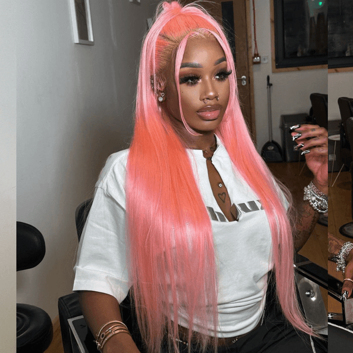 SZC Neon Pink 200 Density 13x4 Lace Front Straight Weave Hair Wigs