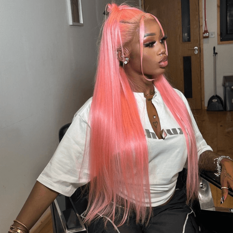 SZC Neon Pink 200 Density 13x4 Lace Front Straight Weave Hair Wigs