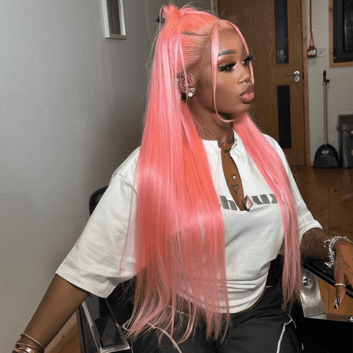SZC Neon Pink 200 Density 13x4 Lace Front Straight Weave Hair Wigs