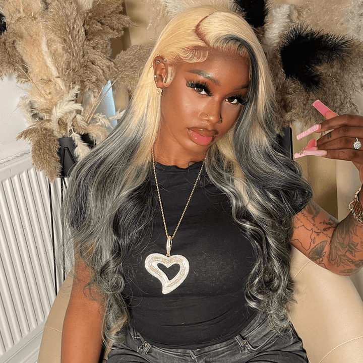 SZC Ombre 613 Blonde Gray Black 200 Density HD Lace Front Human Hair Wigs