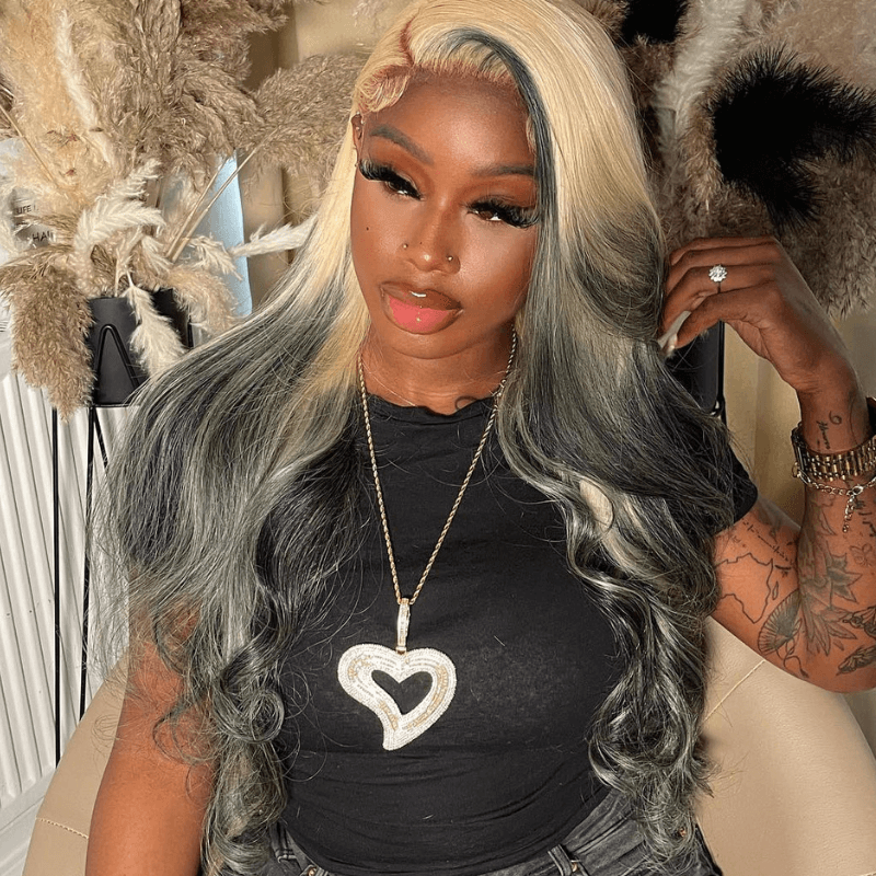 SZC Ombre 613 Blonde Gray Black 200 Density HD Lace Front Human Hair Wigs