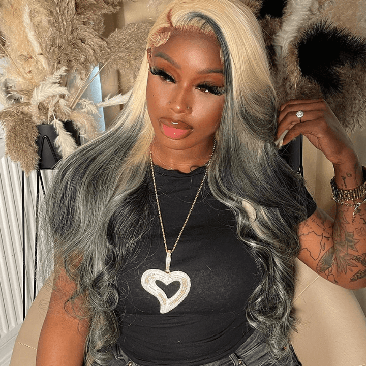 SZC Ombre 613 Blonde Gray Black 200 Density HD Lace Front Human Hair Wigs