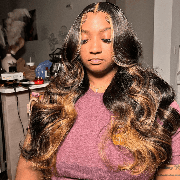 SZC Ombre Black Brown Skunk Stripe Highlights HD Lace Front Human Hair Wig