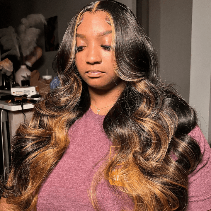 SZC Ombre Black Brown Skunk Stripe Highlights HD Lace Front Human Hair Wig
