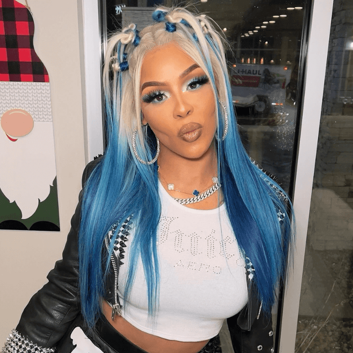 SZC Ombre Blonde Blue Straight 13x4 Transparent Lace Front Human Hair Wig