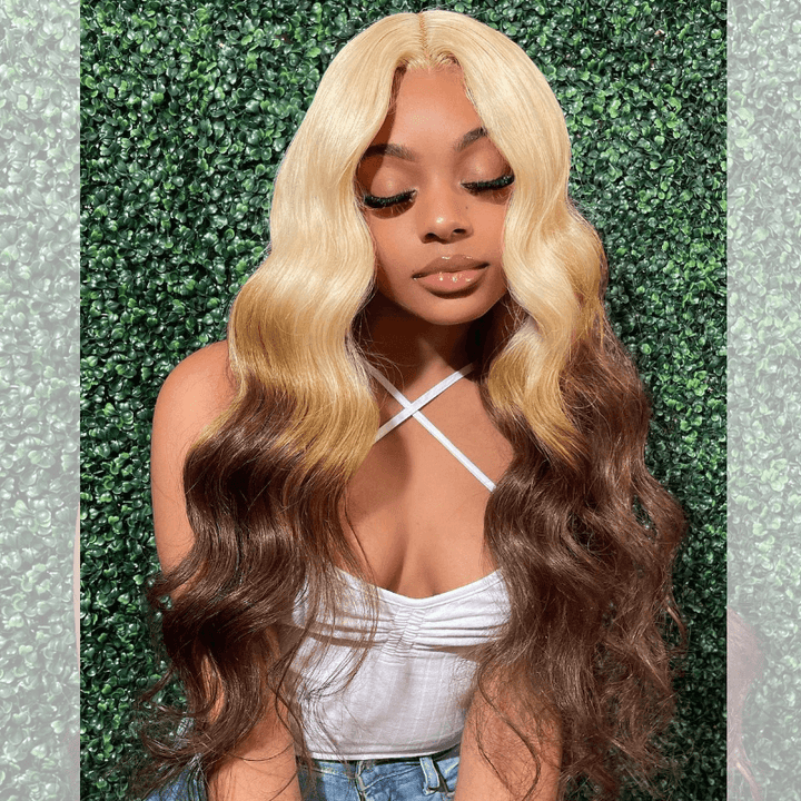 SZC Ombre Blonde Light Chocolate Brown HD Lace Front Virgin Human Hair Wig