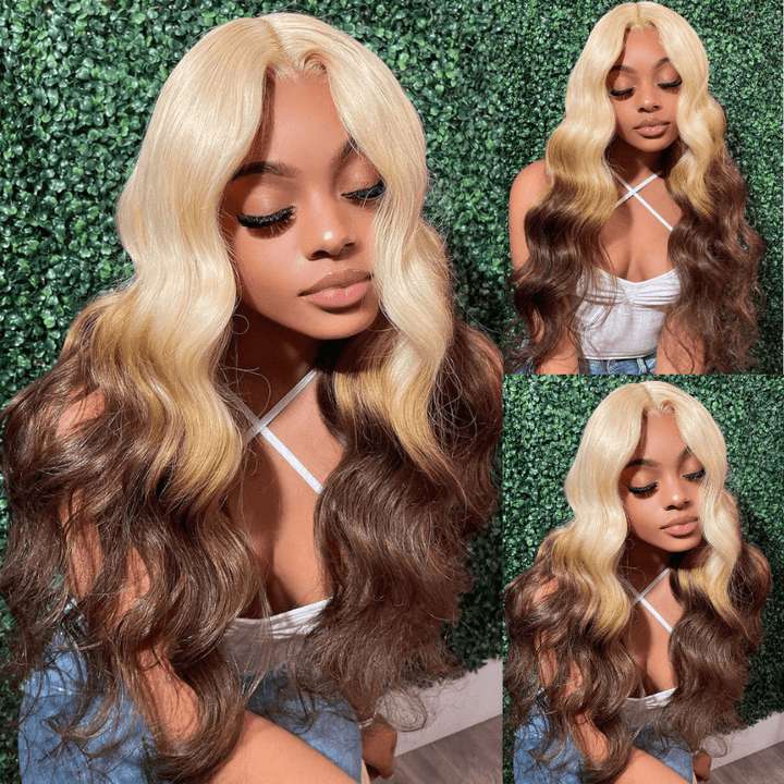 SZC Ombre Blonde Light Chocolate Brown HD Lace Front Virgin Human Hair Wig