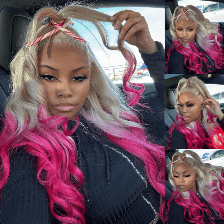 SZC Ombre Blonde Pink Body Wave Ear to Ear 13X4 Lace Front Human Hair Wigs