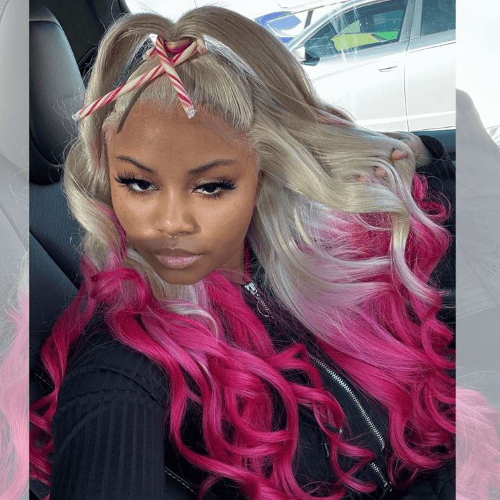 SZC Ombre Blonde Pink Body Wave Ear to Ear 13X4 Lace Front Human Hair Wigs