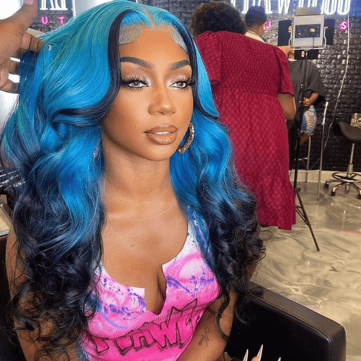 SZC Ombre Blue Black Skunk Stripe Body Wave 13x4 Lace Front Hair Wigs