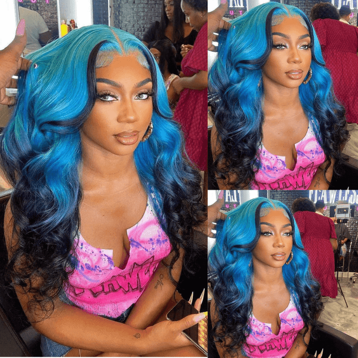 SZC Ombre Blue Black Skunk Stripe Body Wave 13x4 Lace Front Hair Wigs