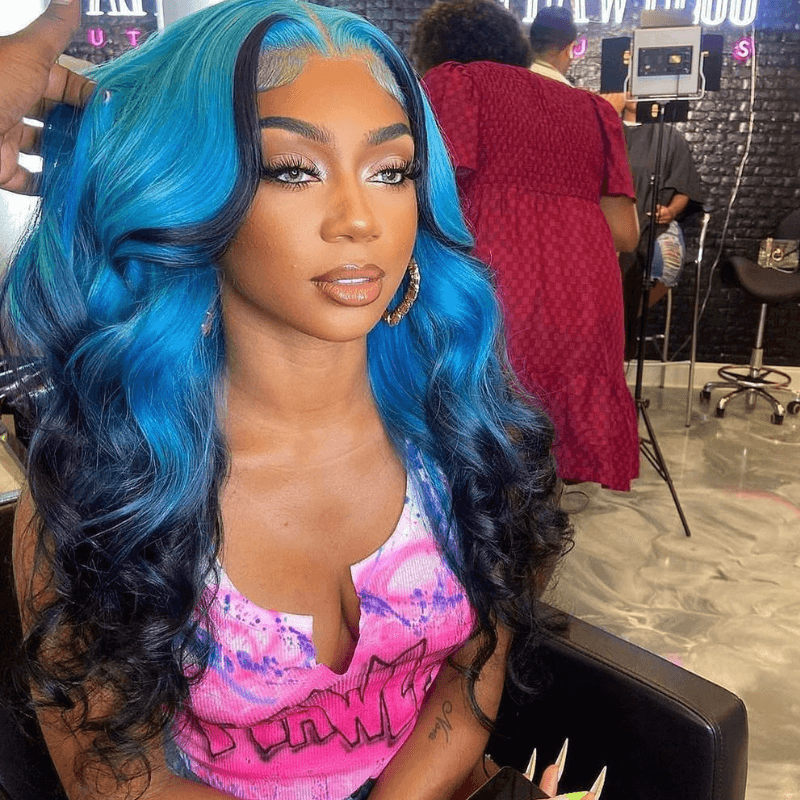 SZC Ombre Blue Black Skunk Stripe Body Wave 13x4 Lace Front Hair Wigs