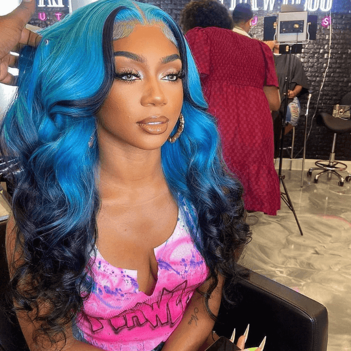 SZC Ombre Blue Black Skunk Stripe Body Wave 13x4 Lace Front Hair Wigs