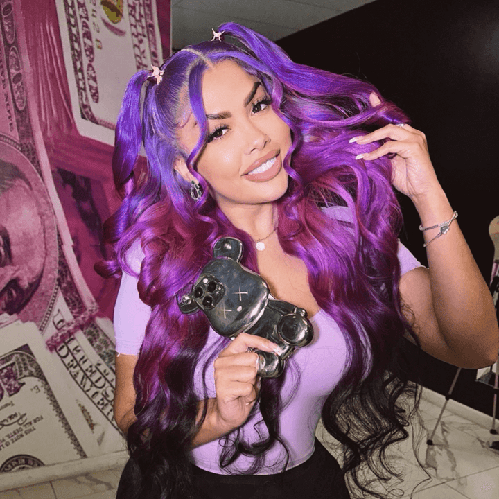 SZC Ombre Blue Purple Black Body Wave 13x4 Lace Front Human Hair Wigs