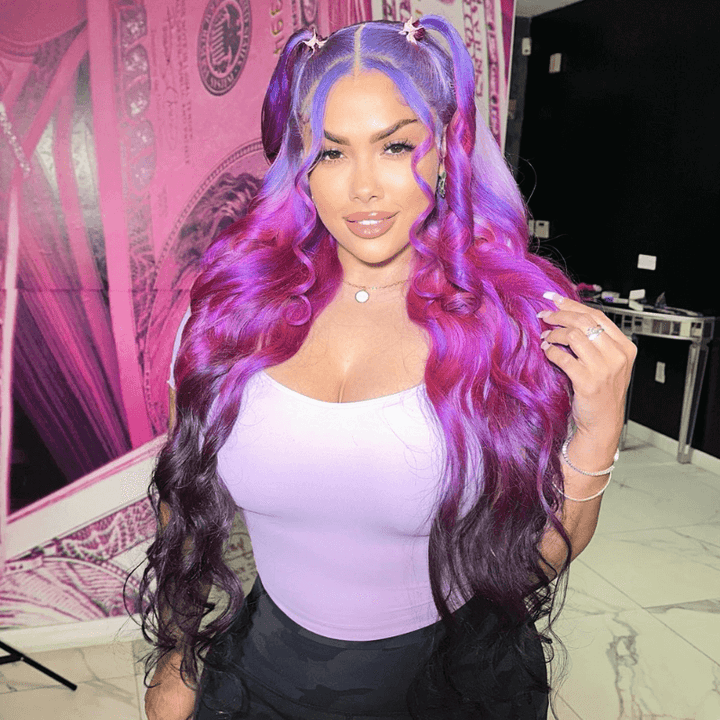SZC Ombre Blue Purple Black Body Wave 13x4 Lace Front Human Hair Wigs