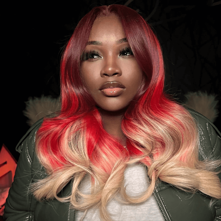 SZC Ombre Burgundy Red Honey Blonde Highlight Lace Front Human Hair Wigs