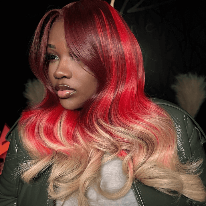 SZC Ombre Burgundy Red Honey Blonde Highlight Lace Front Human Hair Wigs