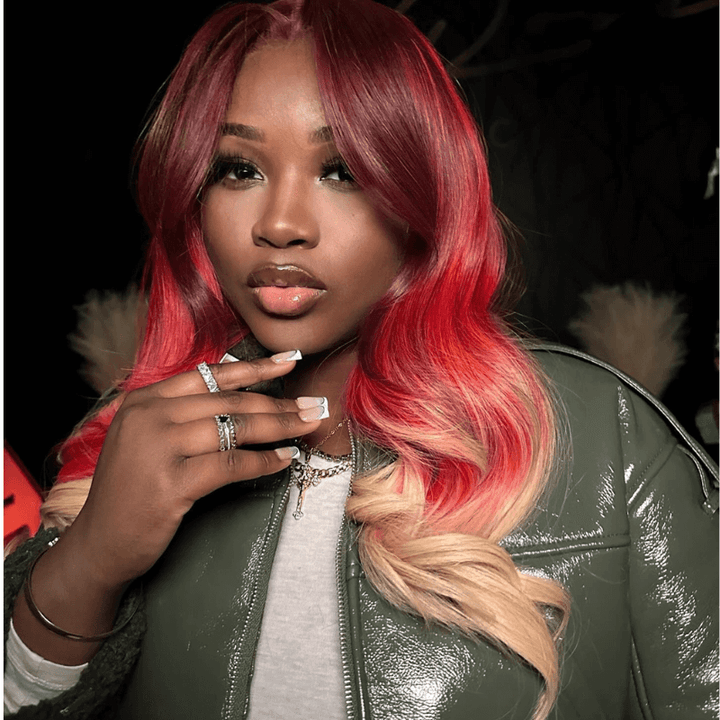 SZC Ombre Burgundy Red Honey Blonde Highlight Lace Front Human Hair Wigs