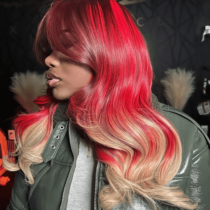 SZC Ombre Burgundy Red Honey Blonde Highlight Lace Front Human Hair Wigs