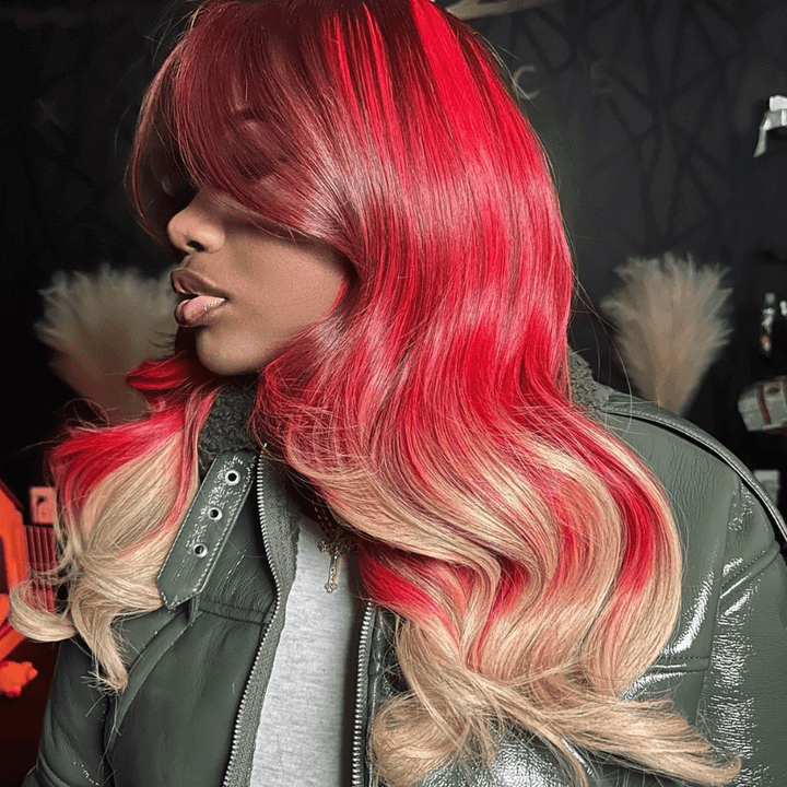 SZC Ombre Burgundy Red Honey Blonde Highlight Lace Front Human Hair Wigs